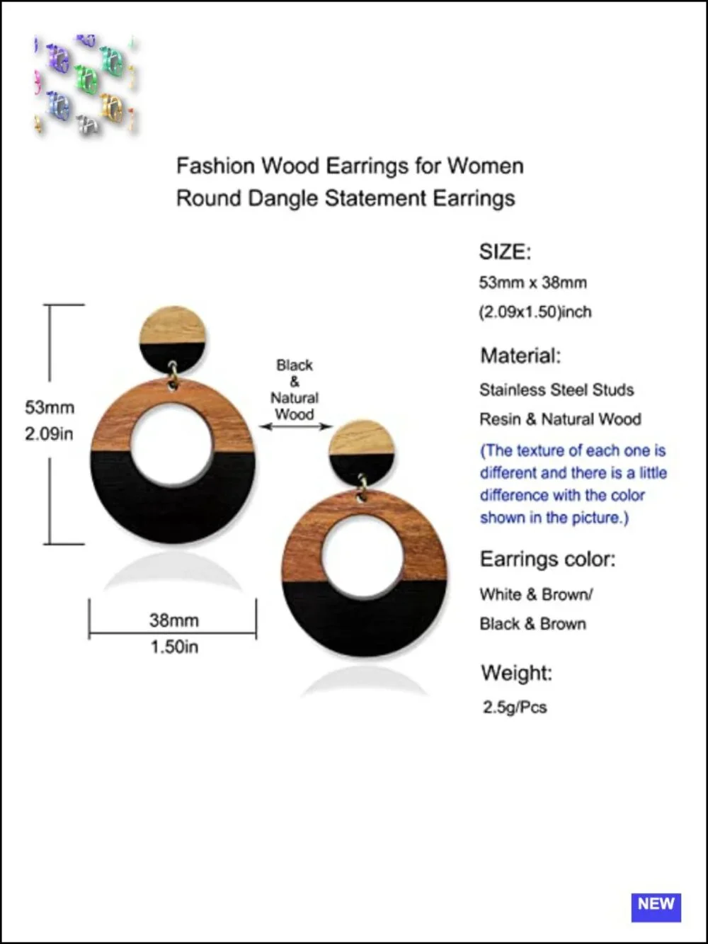 Wooden Earrings Dangle Brown Black Round Geometric Lightweight Resin Drop